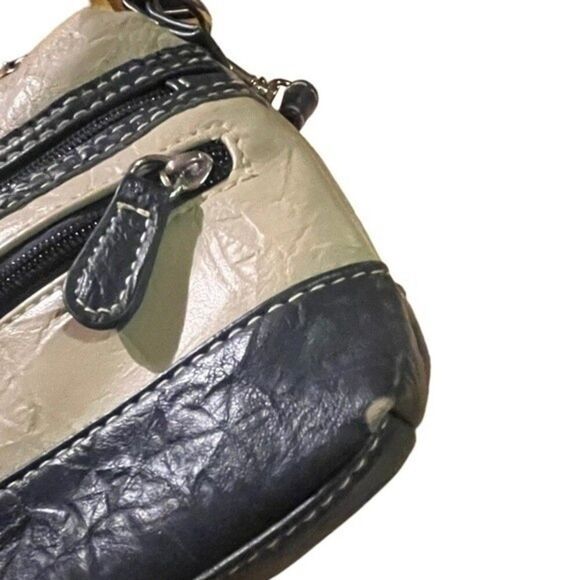 Stone & Co Tumbled Leather Beige & Navy Blue Small Double Zip Shoulder Bag Purse - Picture 12 of 14